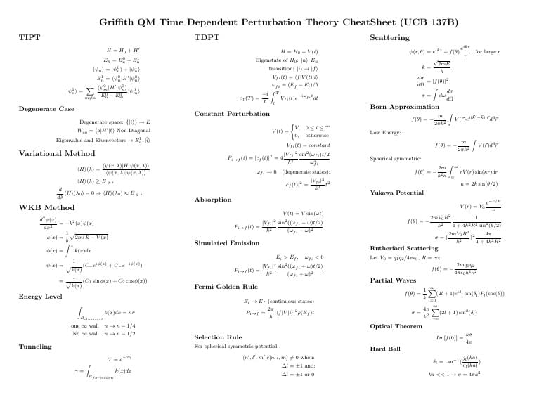 Griffith Quantum Mechanics Time Dependent Perturbation theory CheatSheet (UCB 137B final)