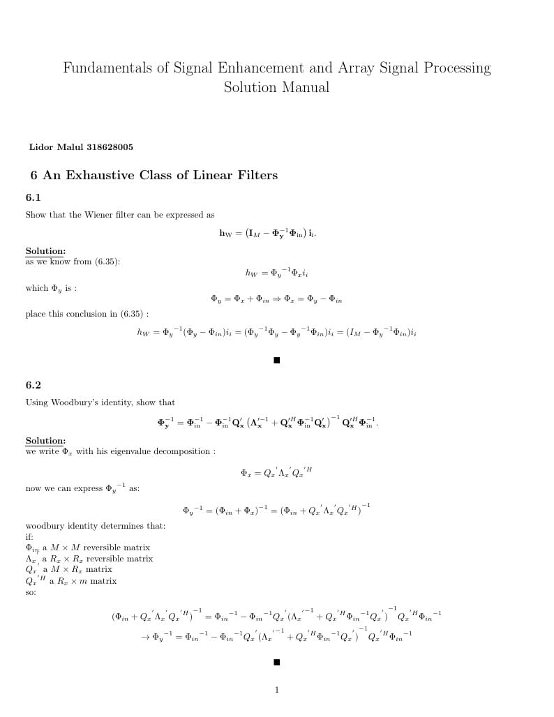 Fundamentals of Signal Enhancement and Array Signal Processing Solution Manual (section 6)