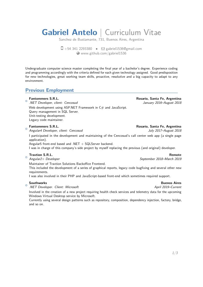 Gabriel Antelo's Curriculum Vitae