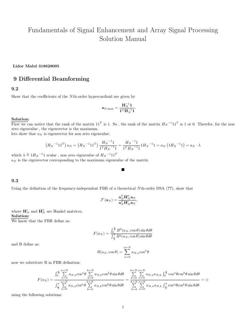 Fundamentals of Signal Enhancement and Array Signal Processing Solution Manual (section 9)