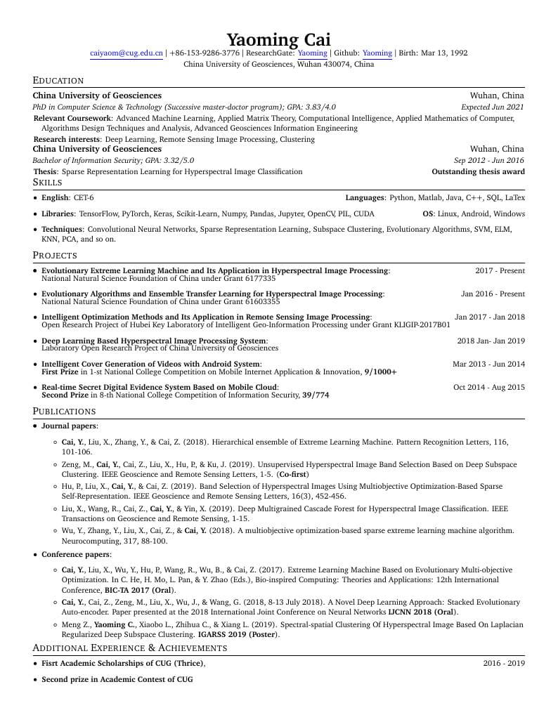 Yaoming Cai's Researcher CV