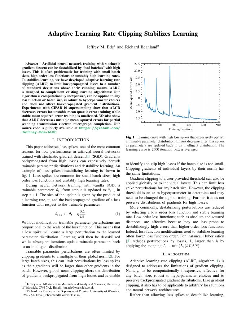 Adaptive Learning Rate Clipping Stabilizes Learning