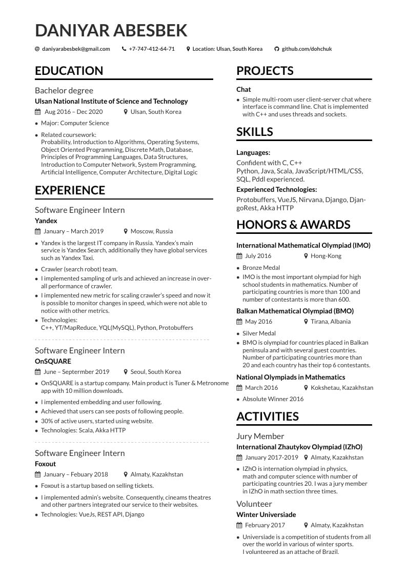 Daniyar Abesbek's CV