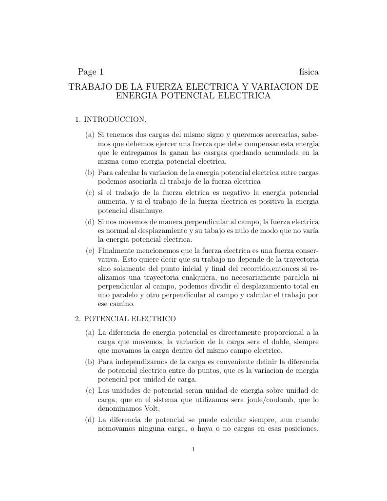 TRABAJO DE LA FUERZA ELECTRICA Y VARIACION DE ENERGIA POTENCIAL ELECTRICA