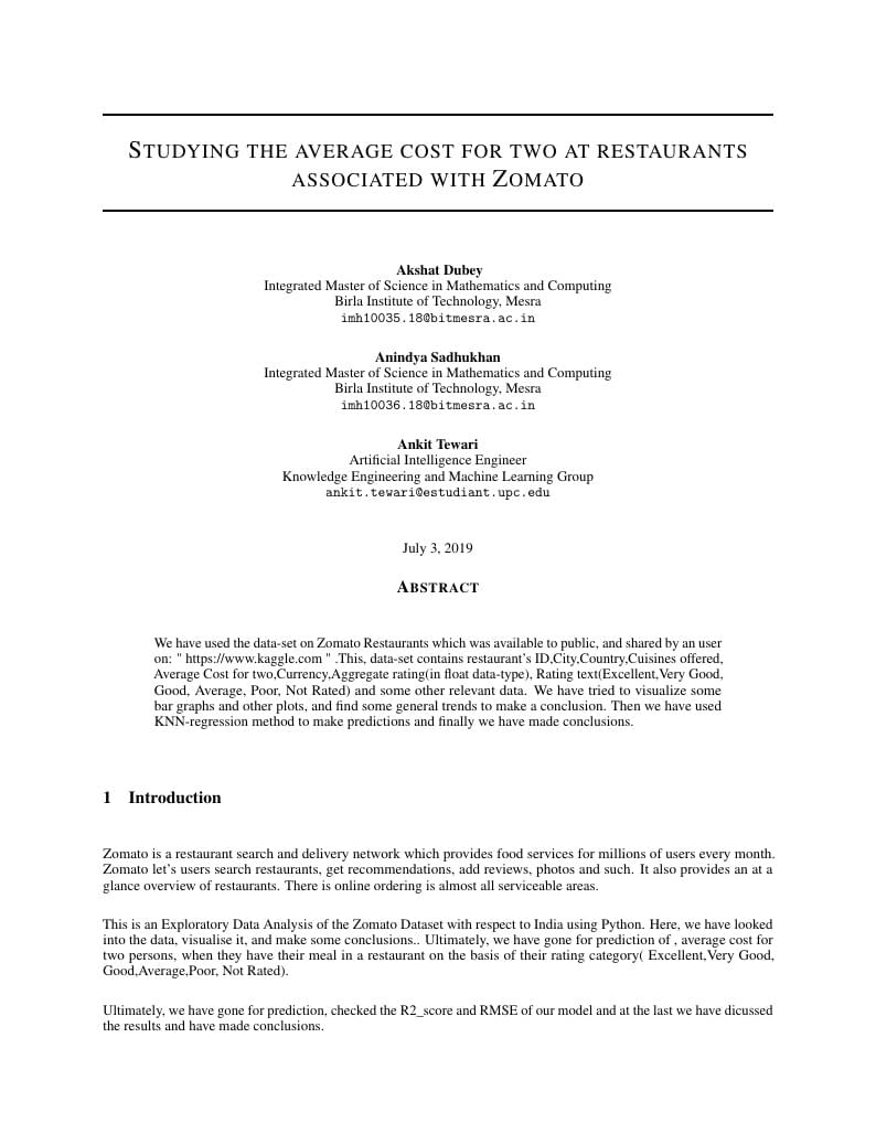 Studying the average cost for two at restaurants associated with Zomato