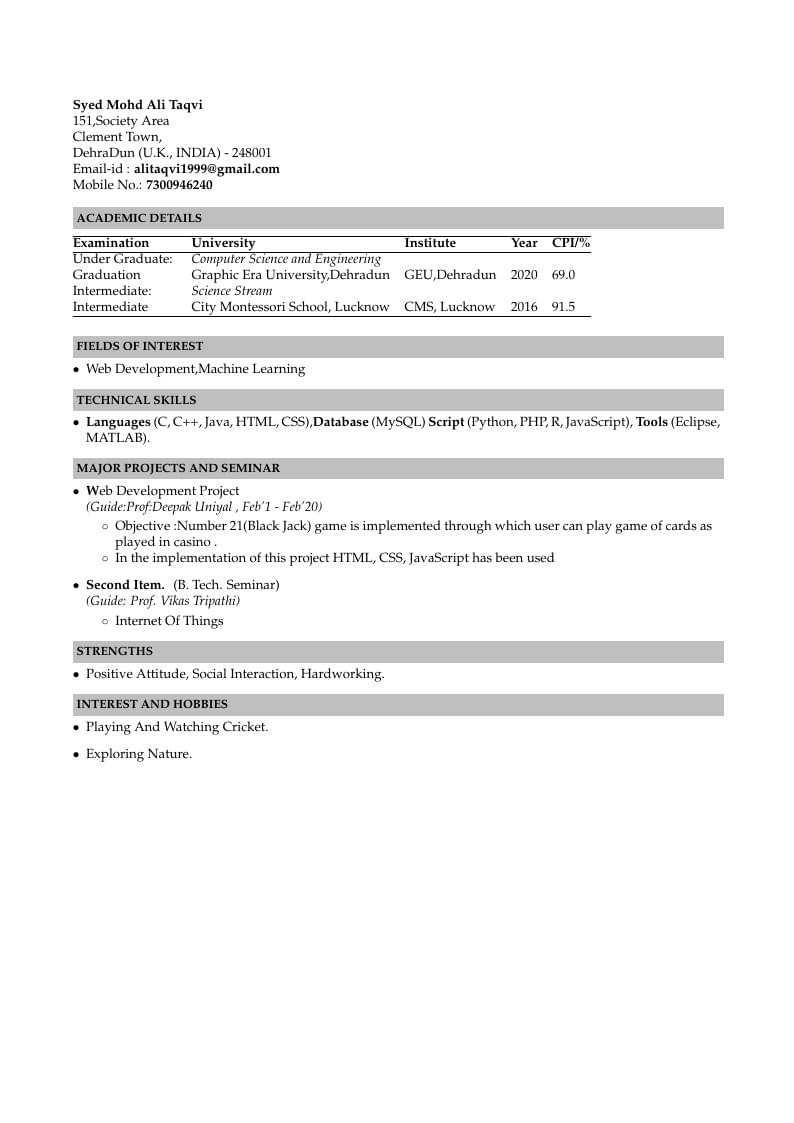 Syed Mohd Ali Taqvi's Résumé