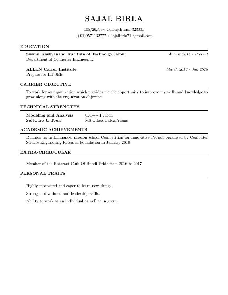 SAJAL BIRLA's Resume