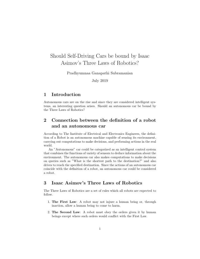 Should Self-Driving Cars be bound by Isaac Asimov's Three Laws of Robotics?