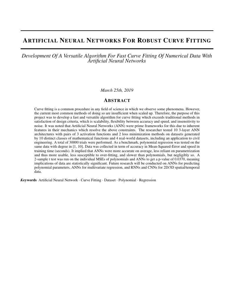 Artificial Neural Networks For Robust Curve Fitting