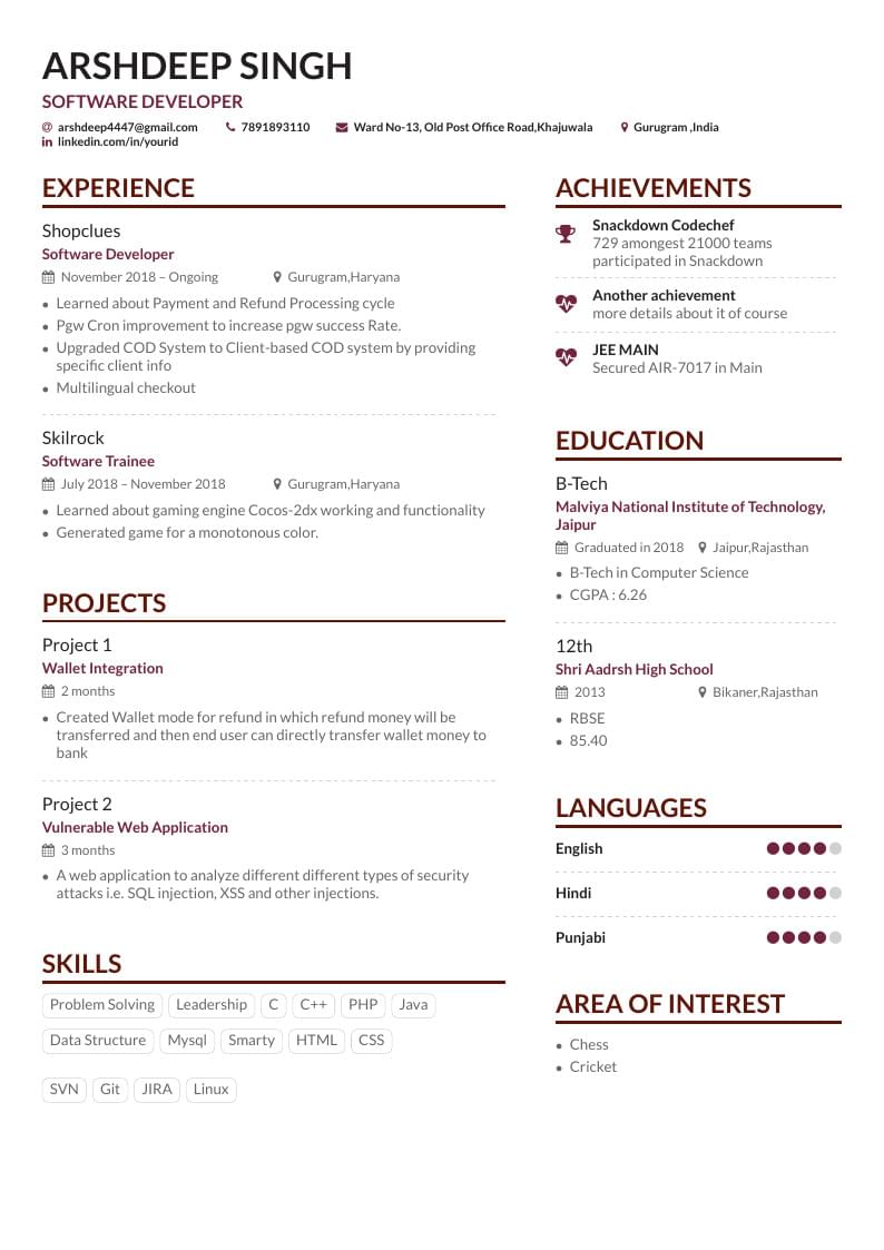 Arshdeep Singh's Resume
