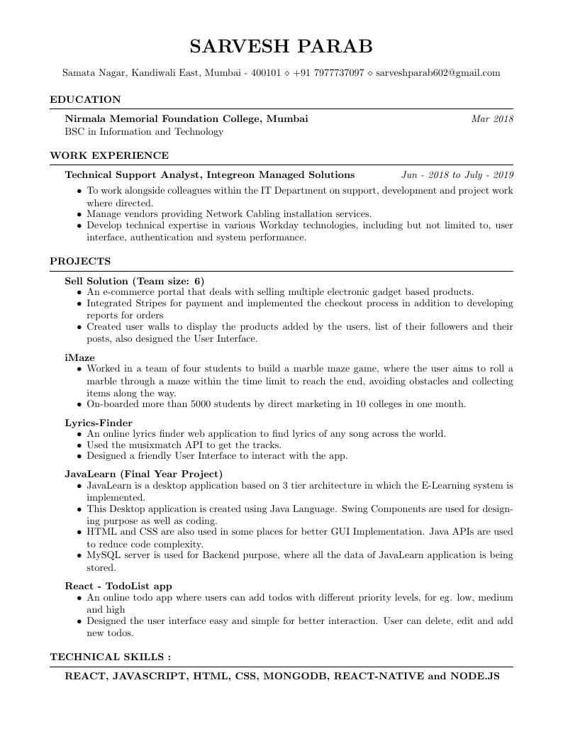 Sarvesh Parab's Résumé