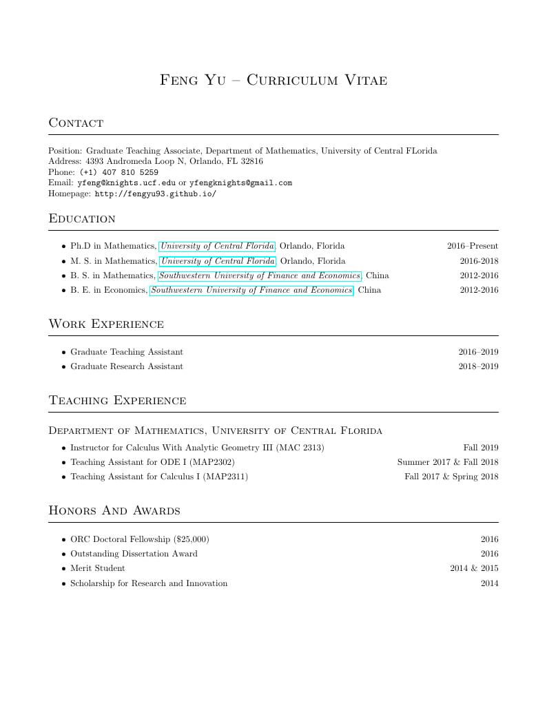 Feng Yu's simple CV