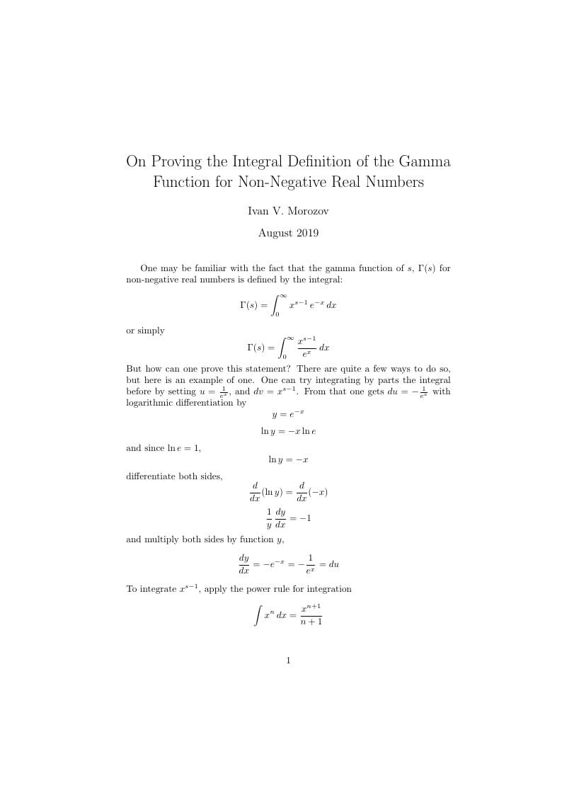 On Proving the Integral Definition of the Gamma Function for Non-Negative Real Numbers