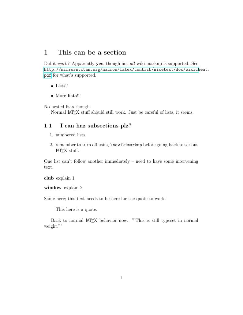 Example of using wiki markup in LaTeX documents