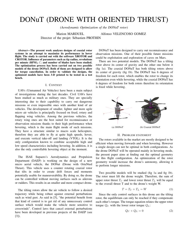 Aerodynamic optimization of the DONuT (dron with oriented thrust) rotor