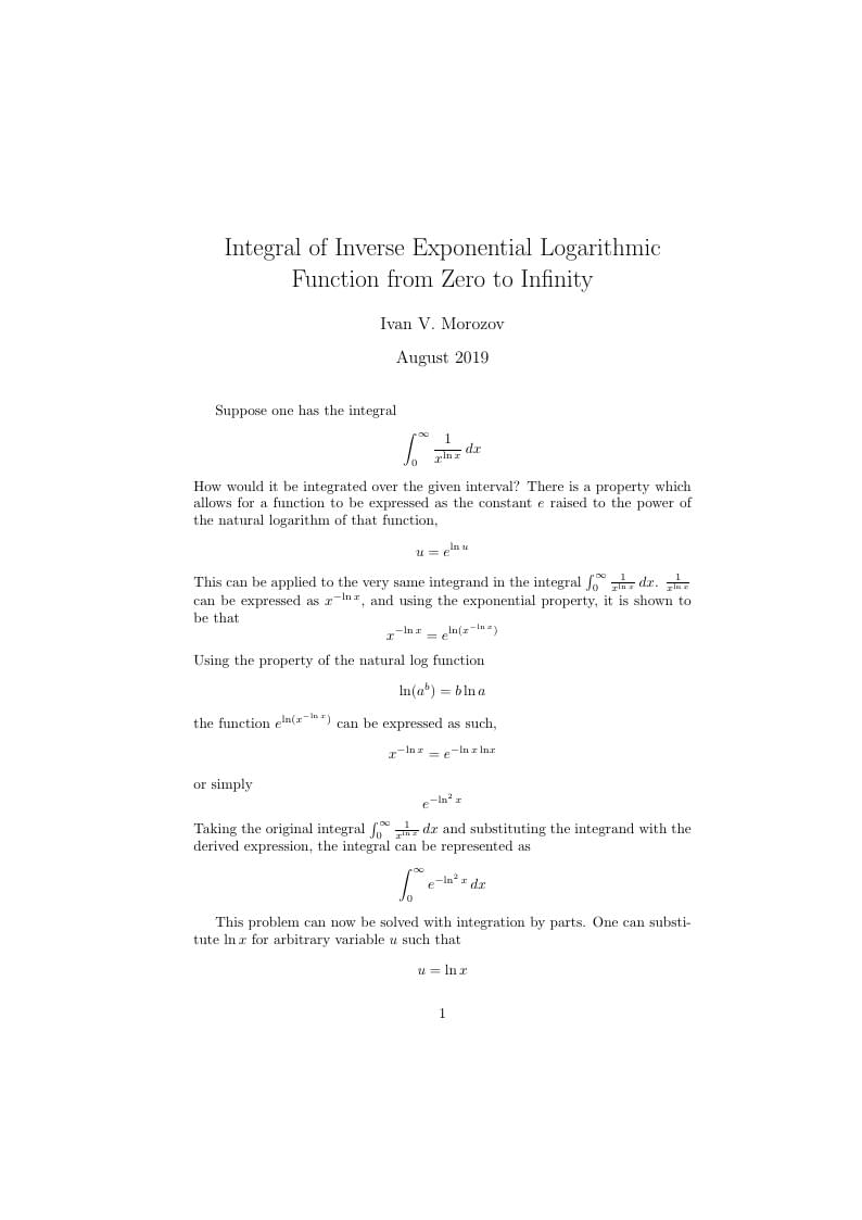 Integral of Inverse Exponential Logarithmic Function from Zero to Infinity