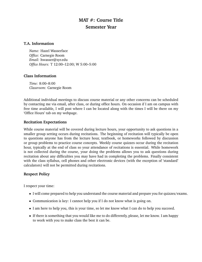 Recitation 'Syllabus' Template