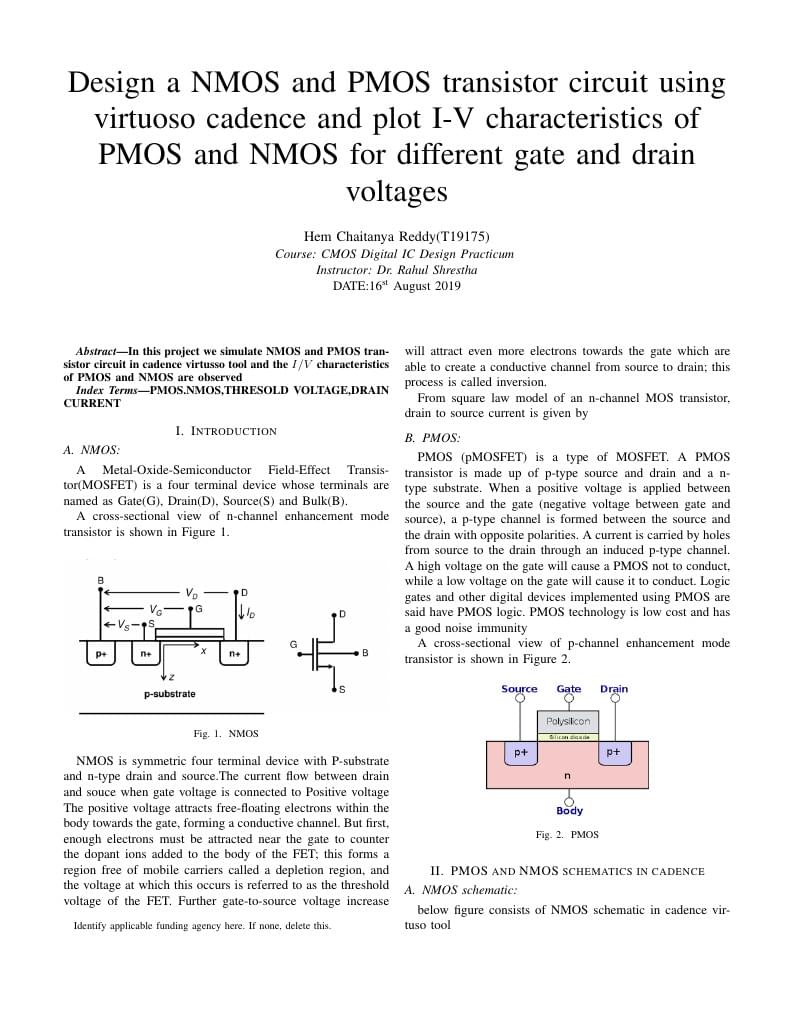 Design a NMOS and PMOS transistor circuit using virtuoso cadence and plot I-V characteristics of PMOS and NMOS for different gate and drain voltages