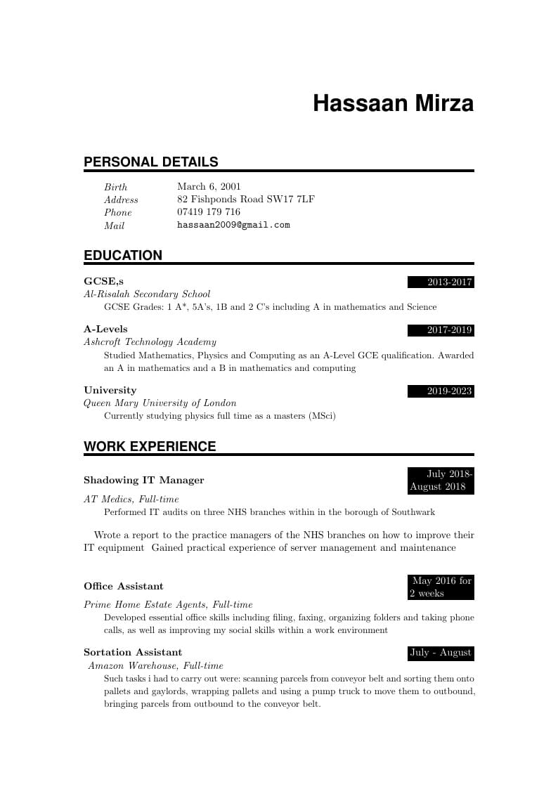 Hassaan Mirza's CV