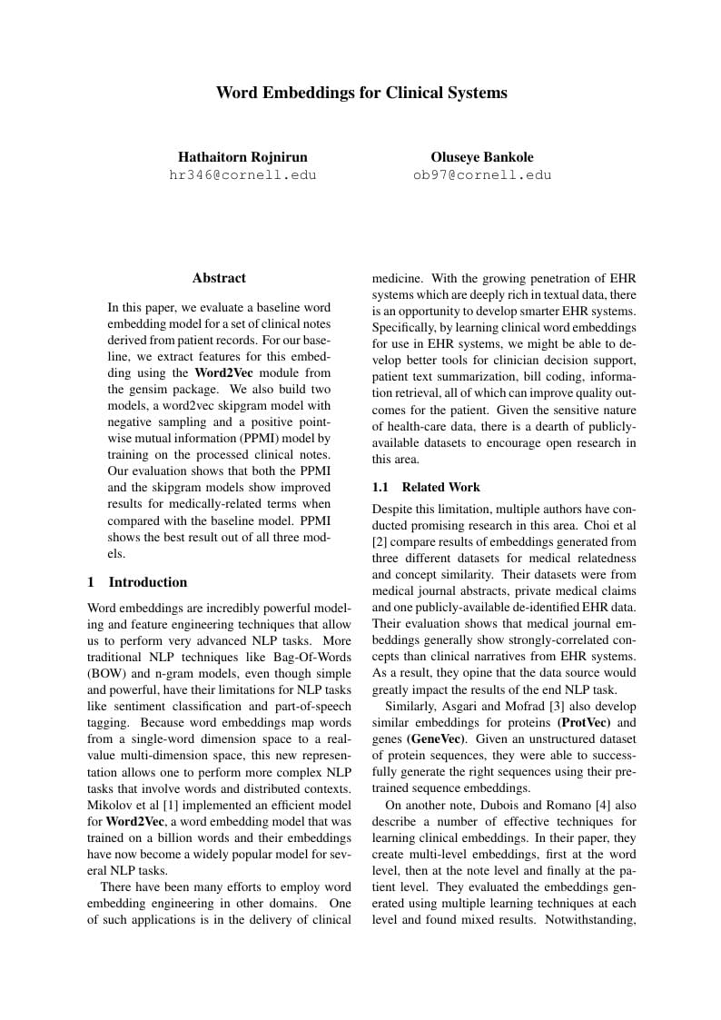 Word Embeddings for Clinical Systems