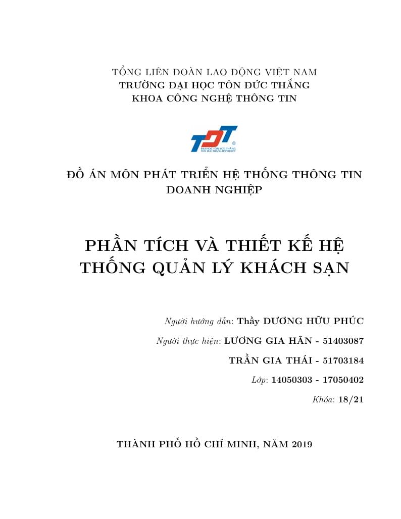 PHẦN TÍCH VÀ THIẾT KẾ HỆ THỐNG QUẢN LÝ KHÁCH SẠN