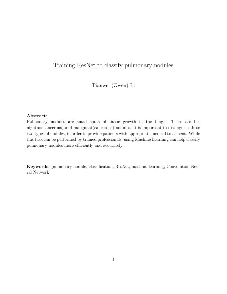 Using ResNet for Pulmonary Nodule Classification