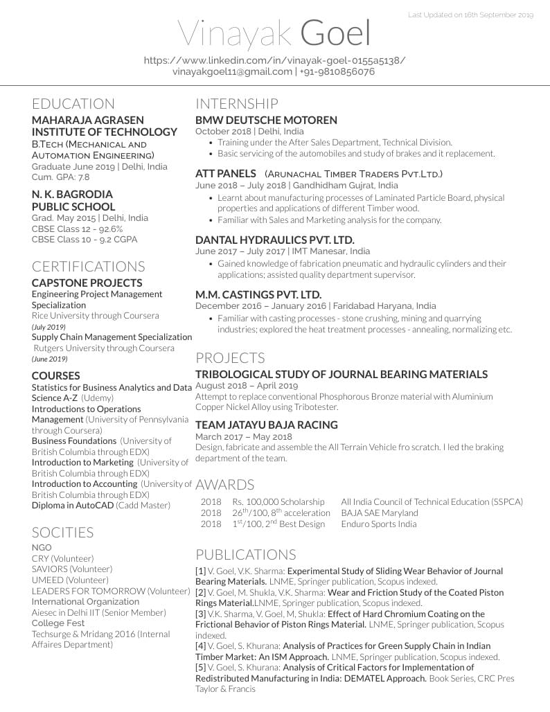 Vinayak Goel's Résumé