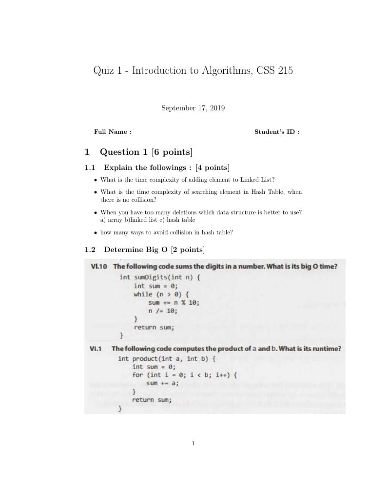 Quiz 1 - Introduction to Algorithms, CSS 215