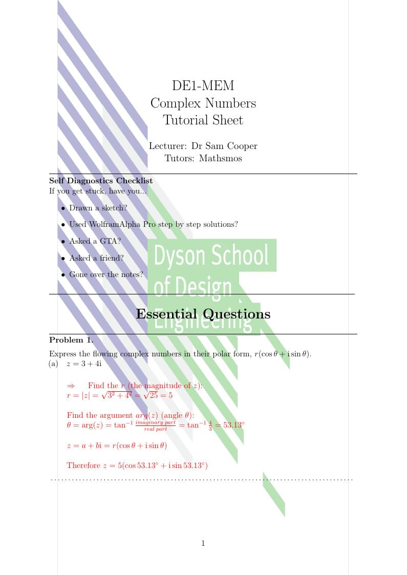 DE1-MEM Complex Numbers Tutorial Sheet