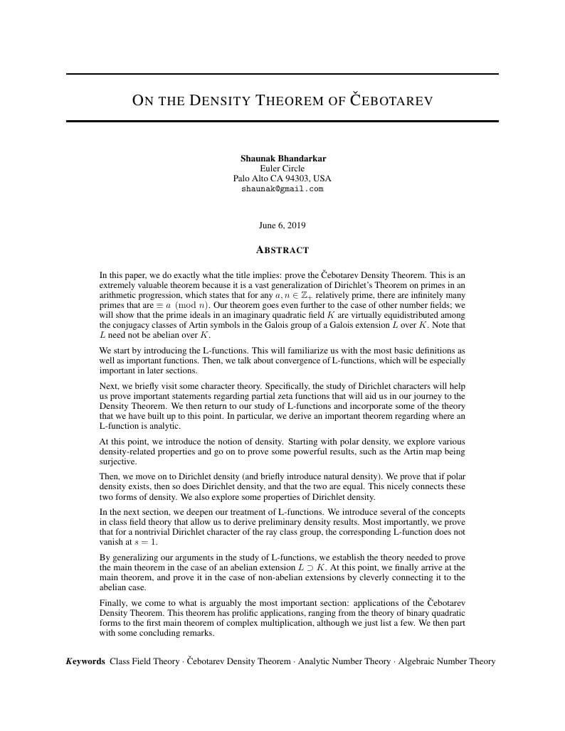 Euler Circle Spring Paper: Čebotarev Density Theorem