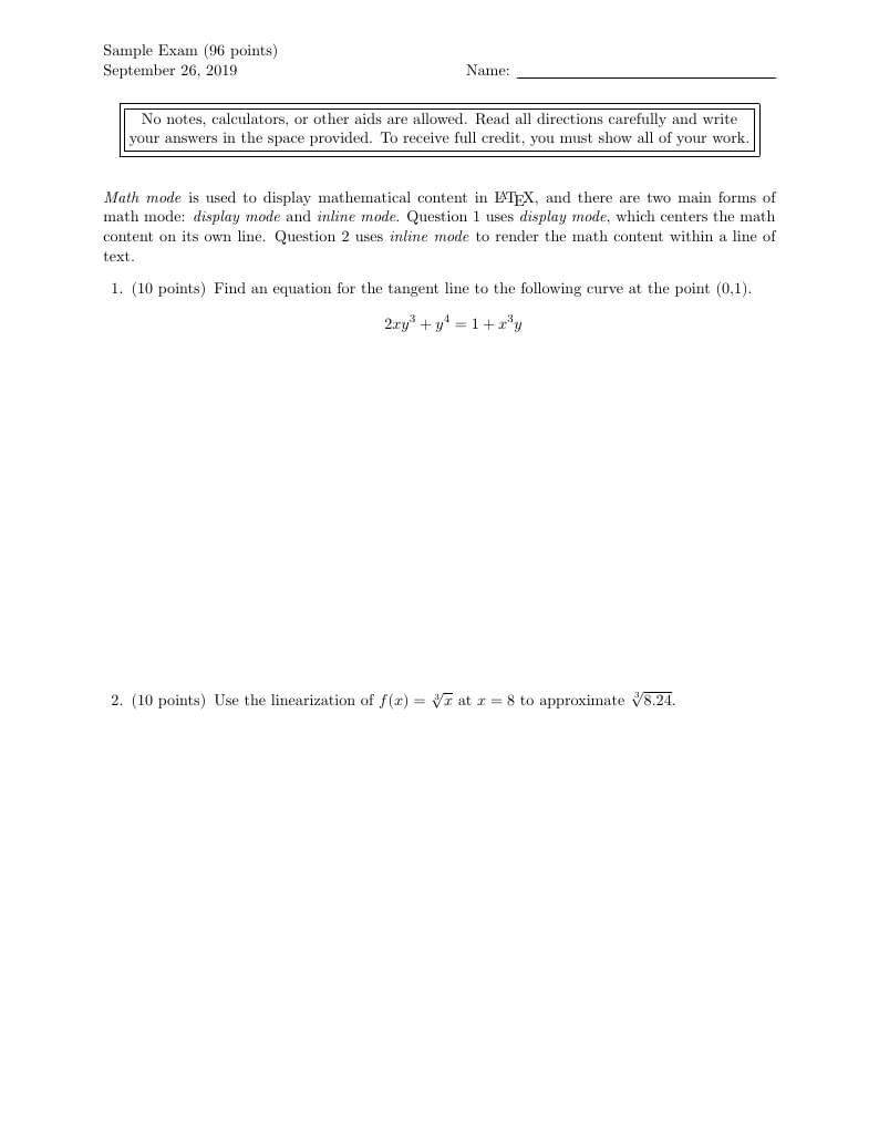 Sample Math Exam