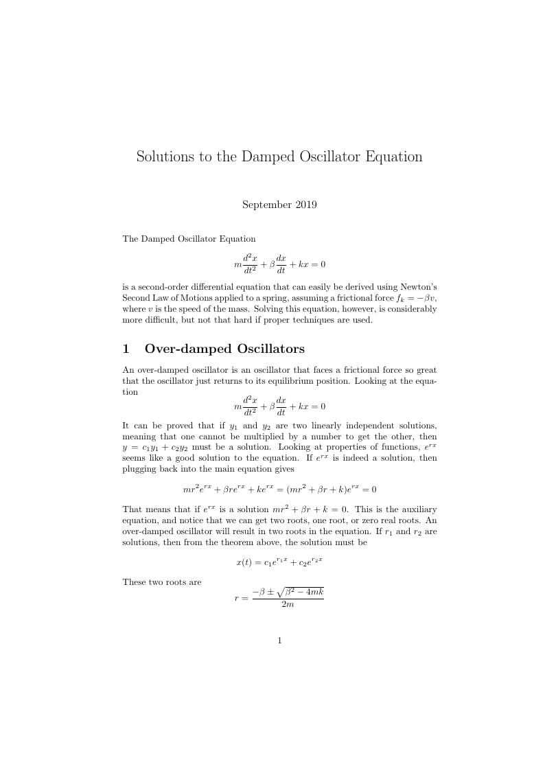 Solutions to the Damped Oscillator Equation