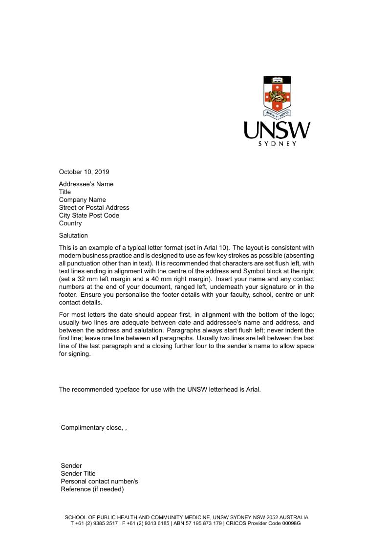 UNSW Formal Letter Template