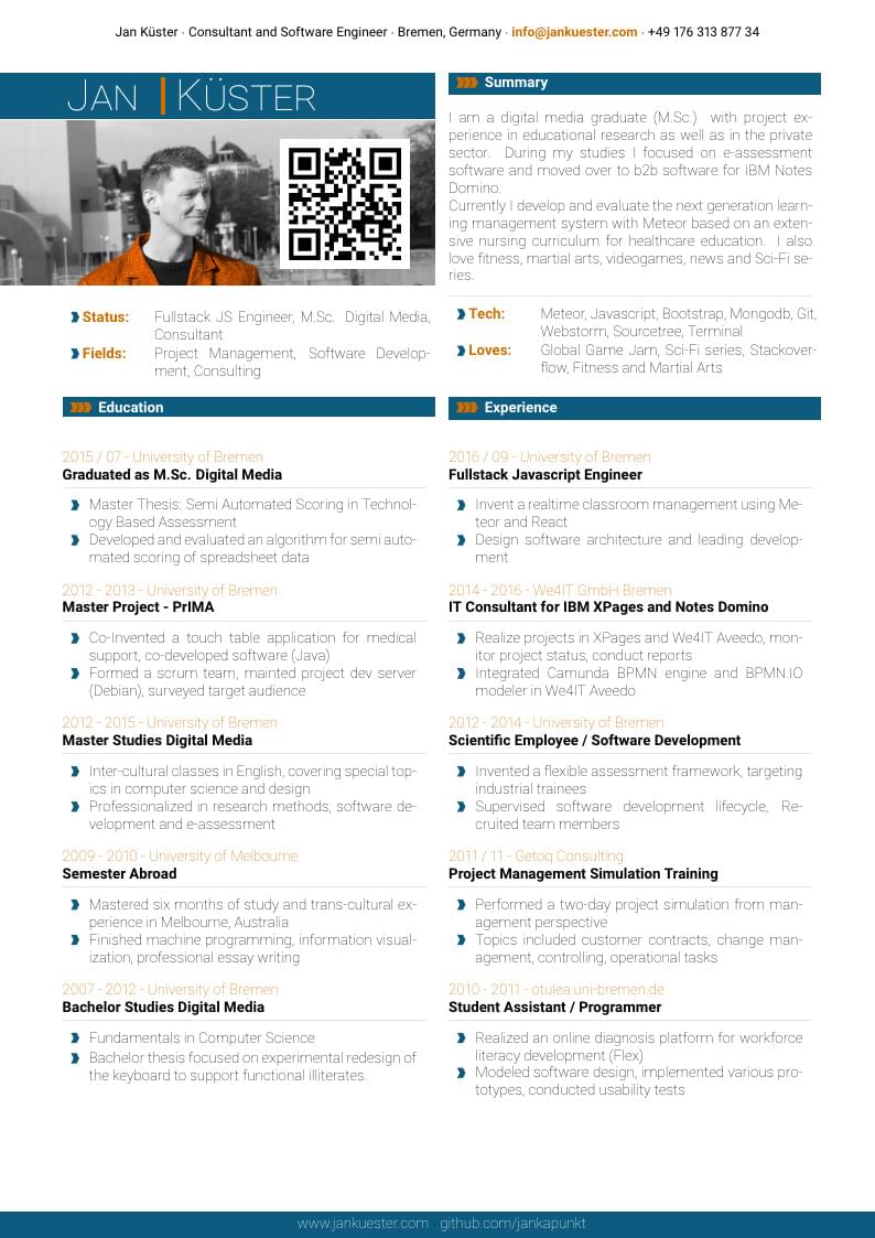 Jan Küster's Two column CV