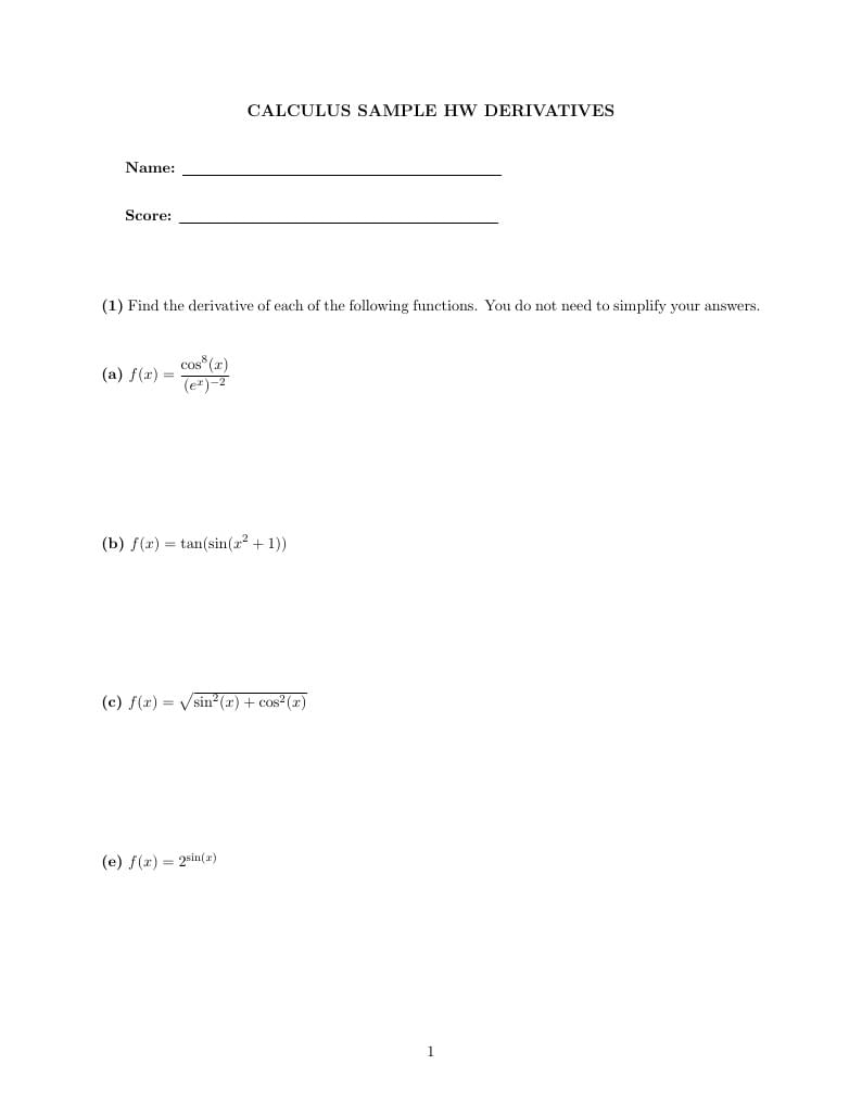 Sample Homework for Derivatives