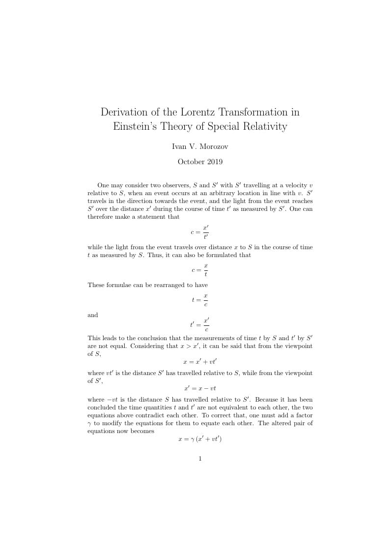 Derivation of the Lorentz Transformation in Einstein's Theory of Special Relativity