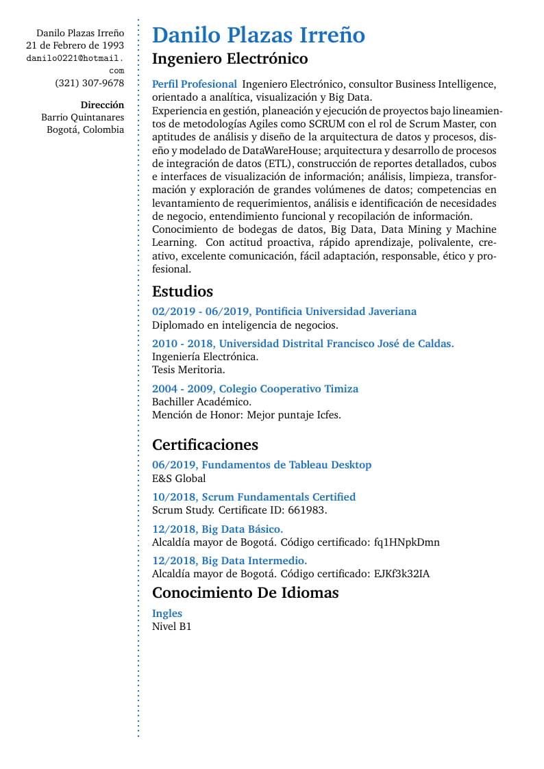 Danilo Plazas Irreño's CV