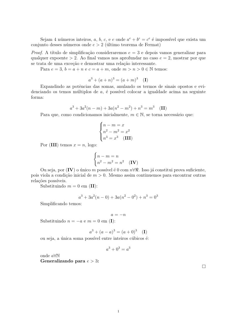 Uma tentativa de prova do último Teorema de Fermat