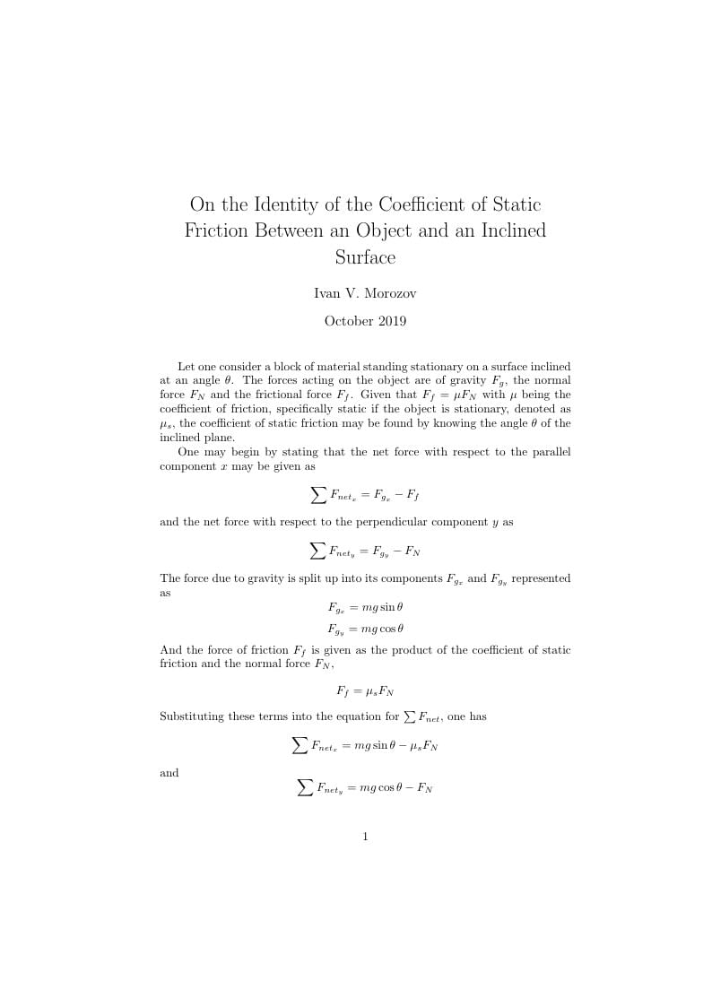 On the Identity of the Coefficient of Static Friction Between an Object and an Inclined Surface