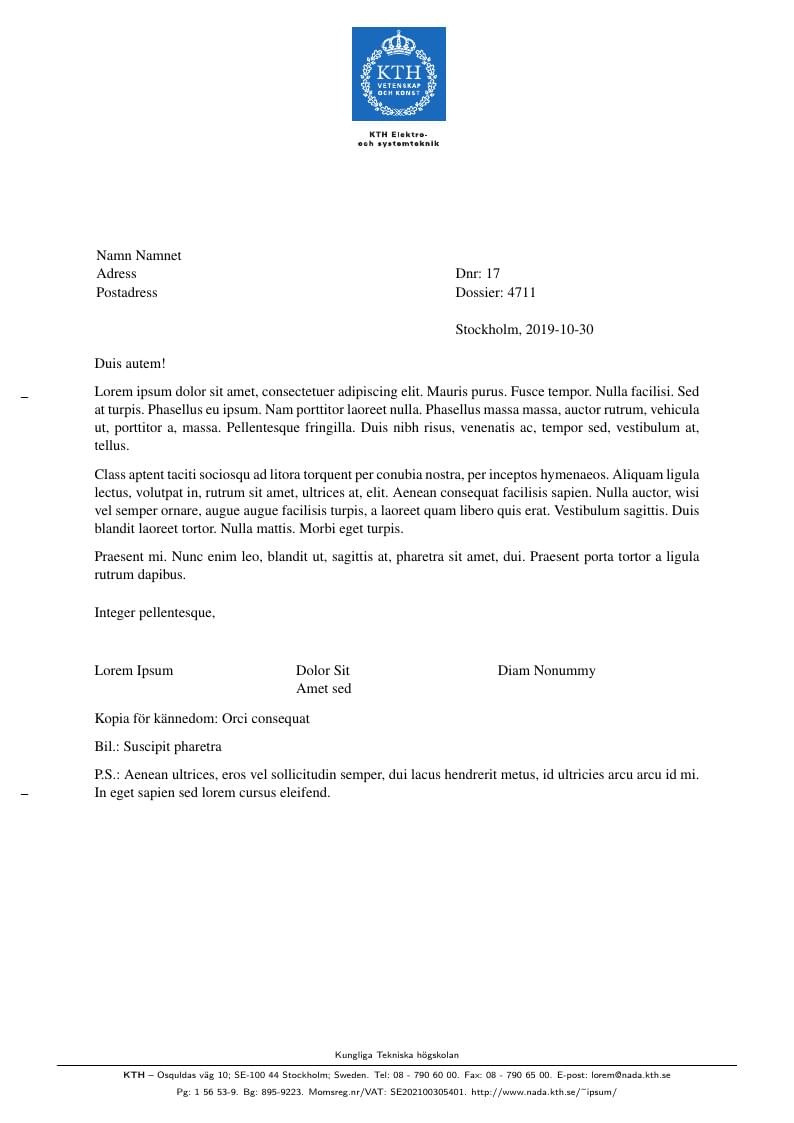 KTH letter template (Swedish)