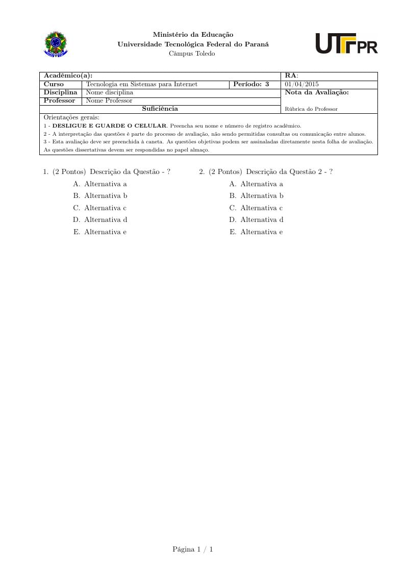 Modelo Prova UTFPR-TD