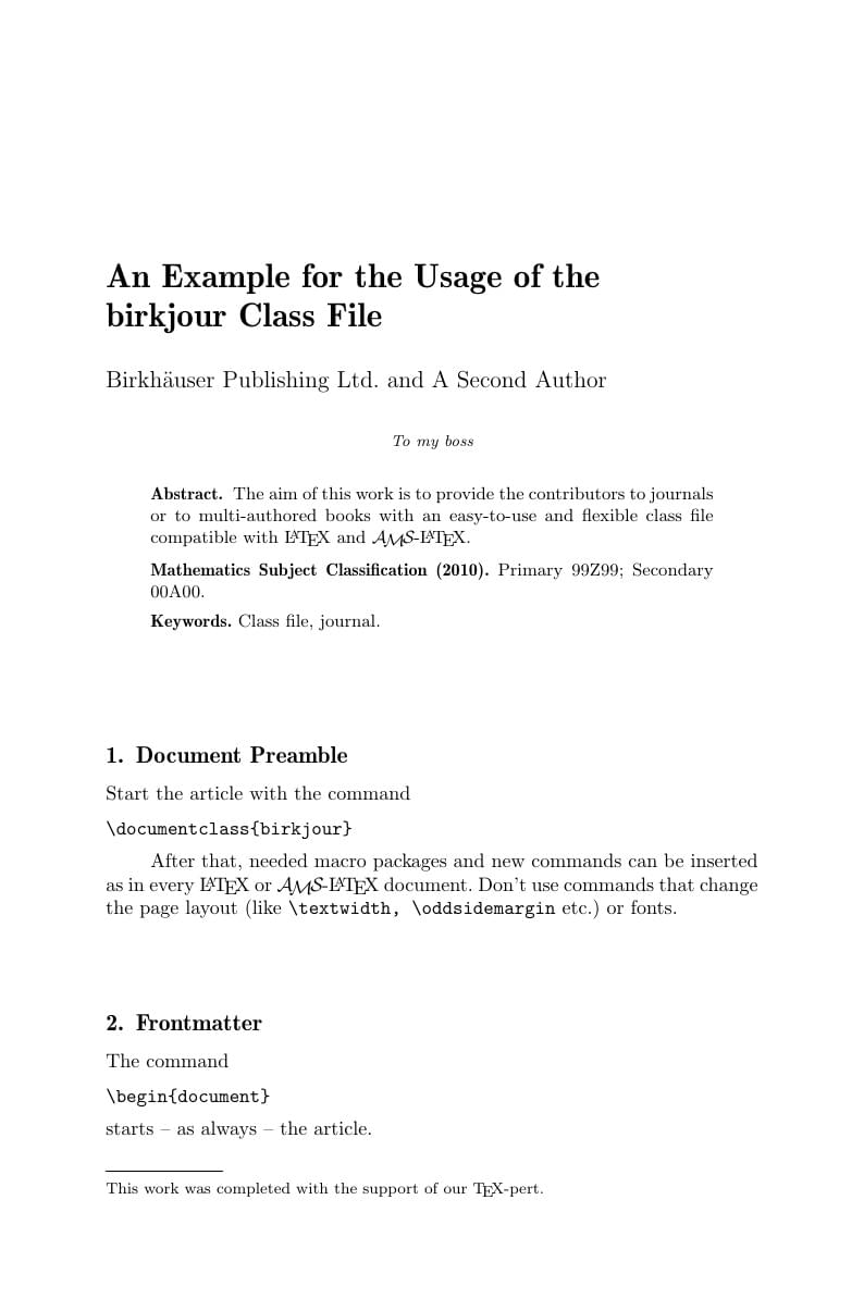 Template for the LaTeX class birkjour