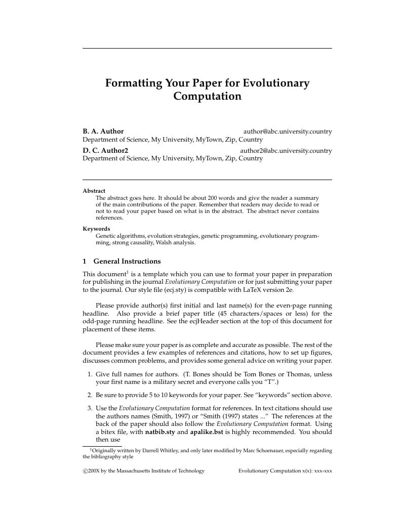 Template for the journal Evolutionary Computation