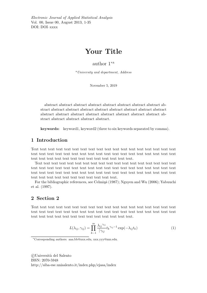 Electronic Journal of Applied Statistical Analysis (EJASA)