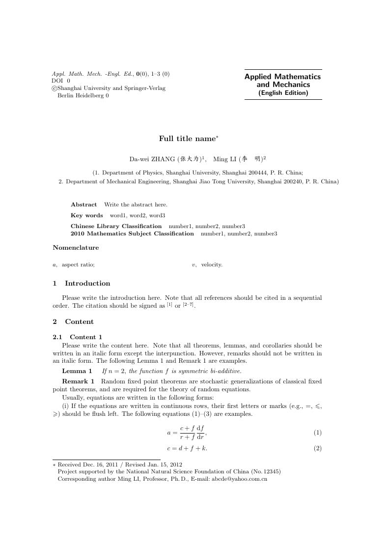 Template for the journal Applied Mathematics and Mechanics (English Edition)