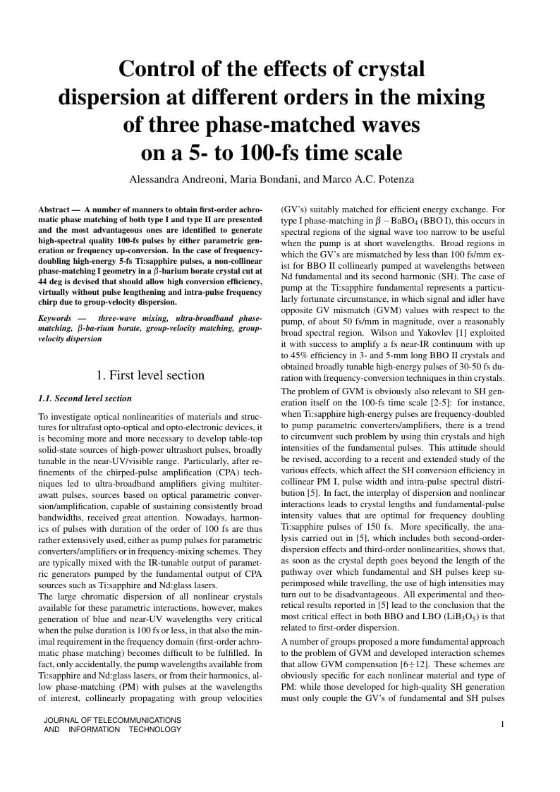 Template for the Journal of Telecommunications and Information Technology (JTIT)
