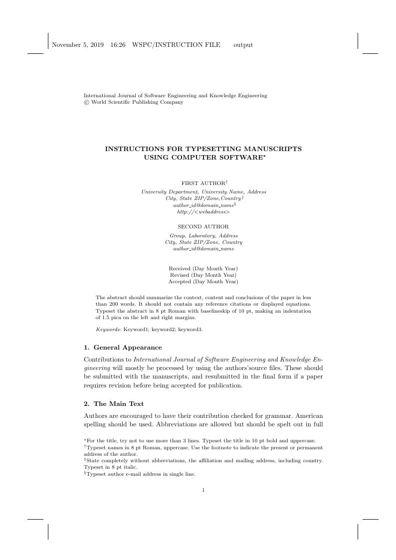 Template for the International Journal of Software Engineering and Knowledge Engineering