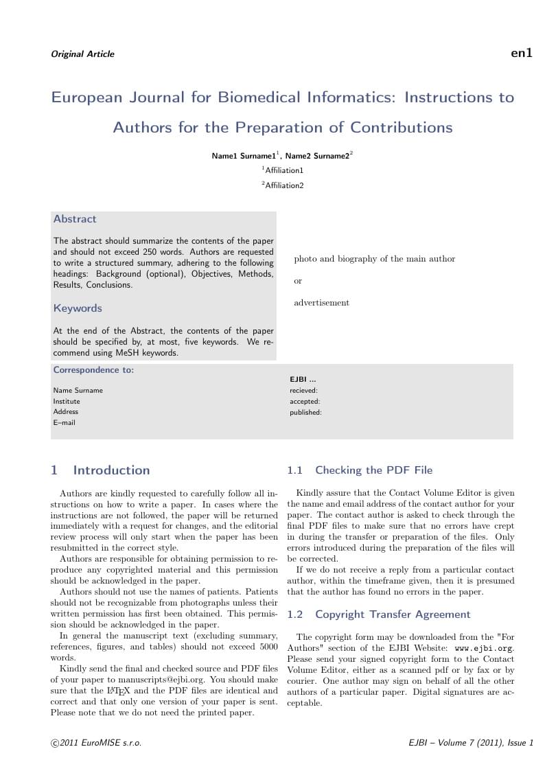 Template for the European Journal for Biomedical Informatics