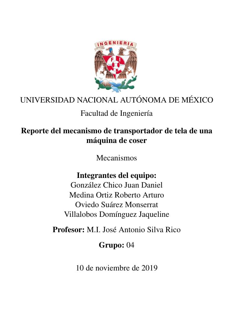 Reporte del mecanismo de transportador de tela de una máquina de coser