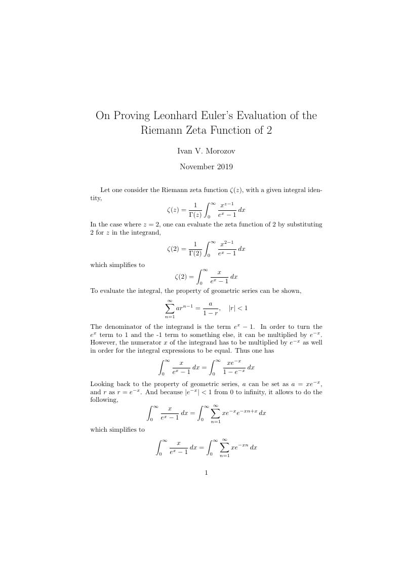On Proving Leonhard Euler's Evaluation of the Riemann Zeta Function of 2